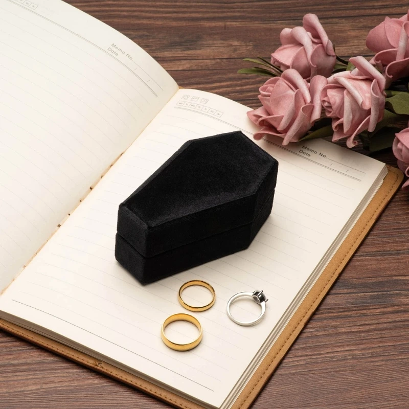 Gothic Black Coffin Shape Velvet Ring Box Jewelry Packaging Display Box with Detachable Lid Double Ring Holder Storage Box