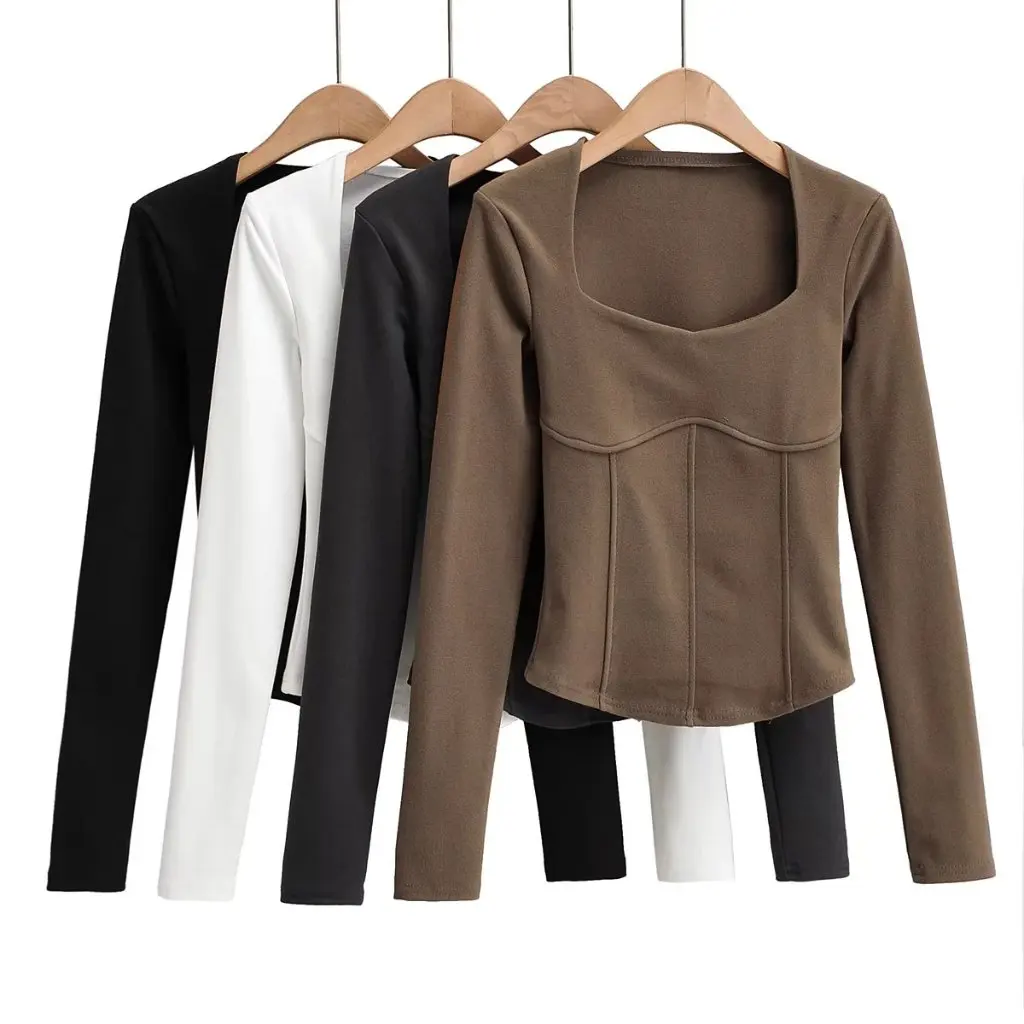 

Spring Slim Fit Solid Color T-Shirt Square Neck Long Sleeve Elegant Commuting Style European American Fashion Base Shirt