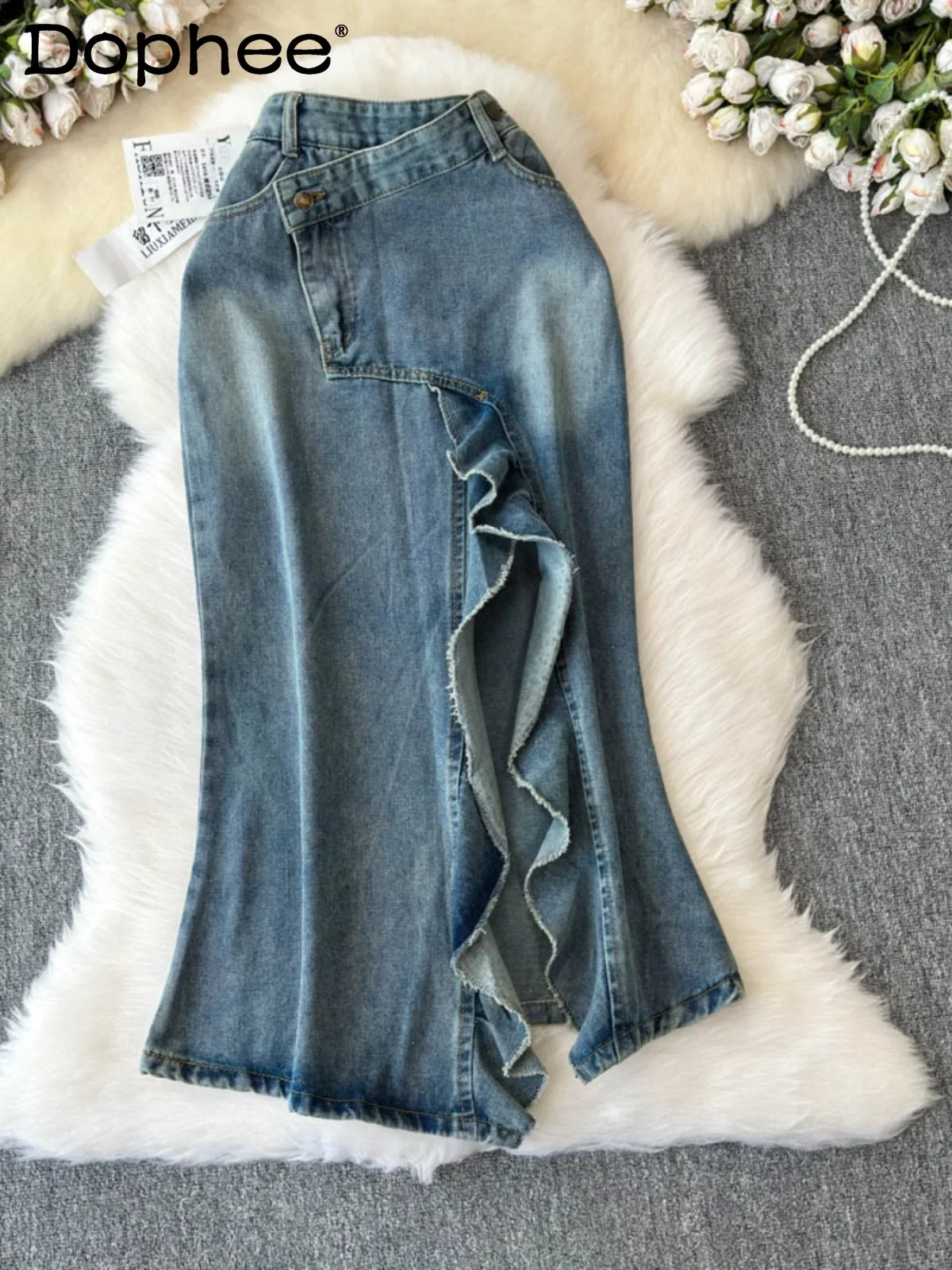 American Retro Irregular Denim Skirt Women 2024 New High-waisted Wave Split Harpoon Tail A-shaped Skirt Korean Fashion Clothing