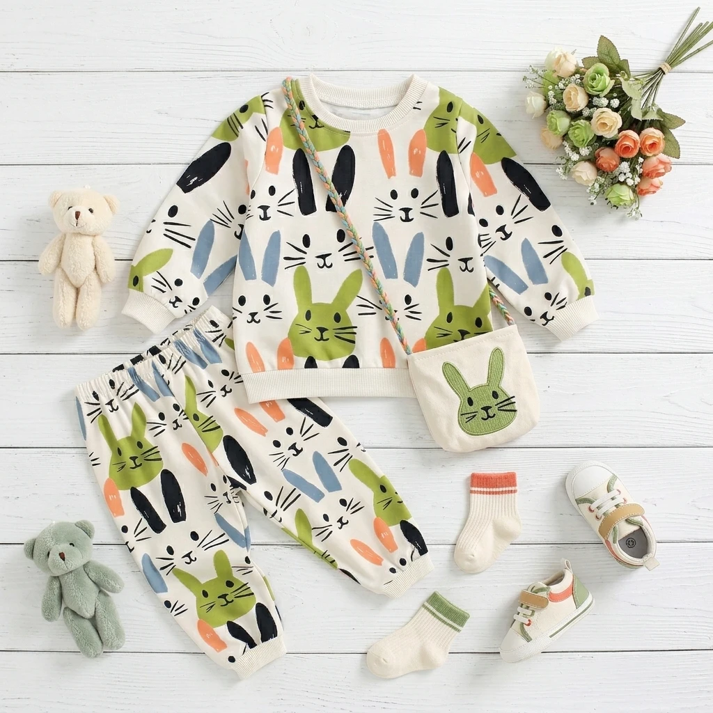 Clothing Sets 2Pcs Bunny Unisex Little Kids Spring Tops + Long Pants Casual Baby
