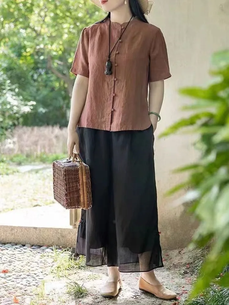 Cinese Sle Retro Bottone Cotone Lino Or Sve Irt Donna Estate Colore puro Semplice Zen Sle Lino Irt Top dimagrante...