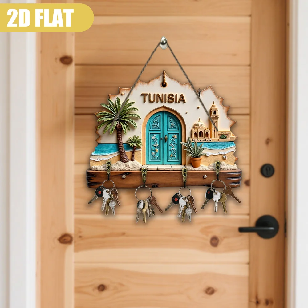 Tunisia-Themed Wooden Key Holder Wall Decor - Wood Door Hanger with Hassan Tower & Medina of Tunis Design, Arabic