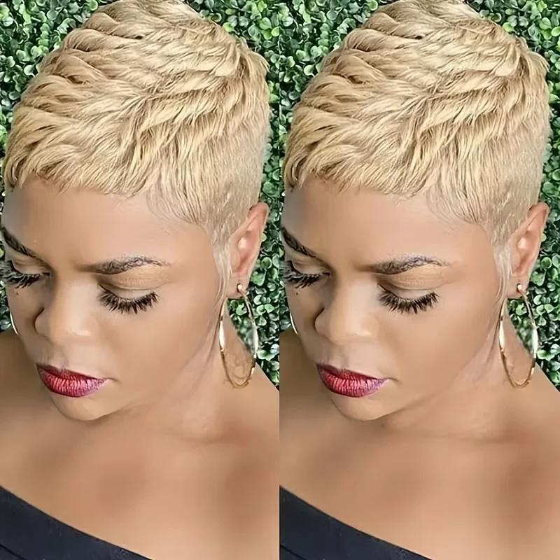 

613 # Блондинка Парик с стрижкой пикси Реми Человеческие волосы Короткий прямой стиль Полный объем Парик машинного производства