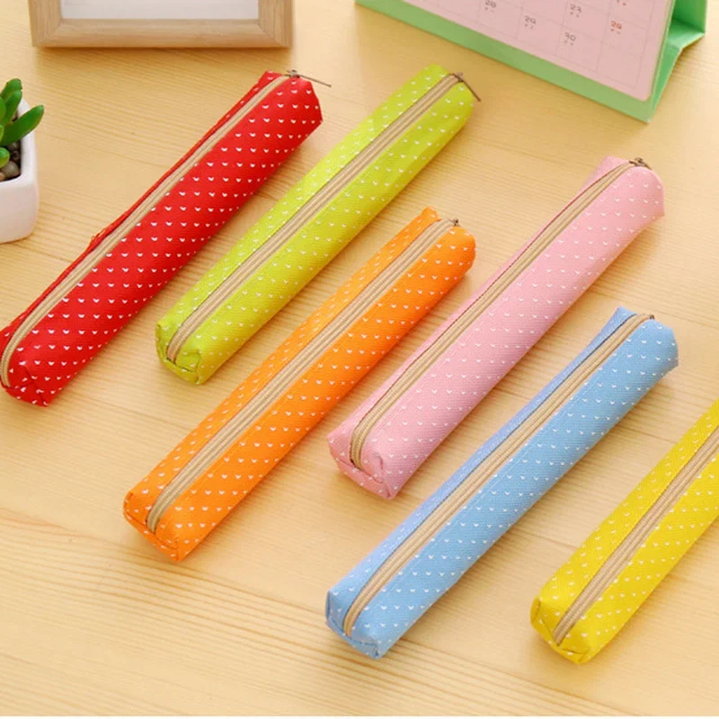 Strip Shape Candy Color Pencil Case Bag Dots Canvas Pens Storage Bag Stationery Pouch for Kids Girls Portable Lipstick Bag