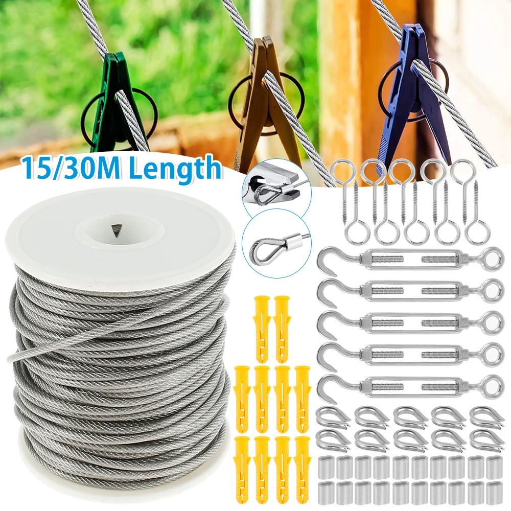 15/30m Cable Guardrail Ropes PVC Steel Coated Flexible Wire Soft Stainless Steel Clothesline Fence Roll With Steel Cord Hooks