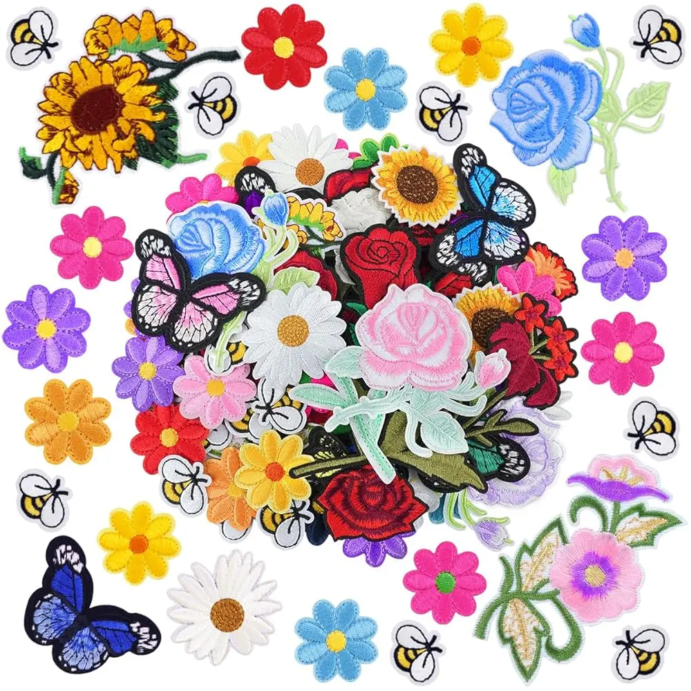 

83 Pcs Embroidered Iron On Patches for Clothing, Butterfly Flower Sew On Patches Set, Sunflower Bee Rose Daisy Embroidered, A