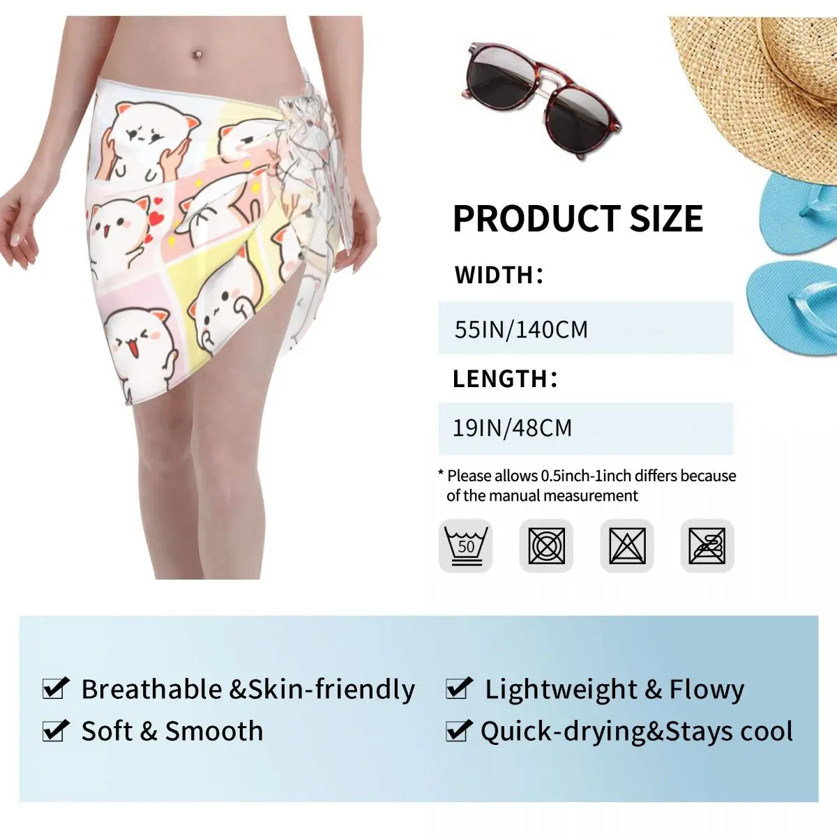 Personalizado para traje de baño melocotón y Goma Meme pareos cortos envoltura de playa envoltura de Bikini de playa dibujos animados Mochi gato pareos traje de baño encubrimientos