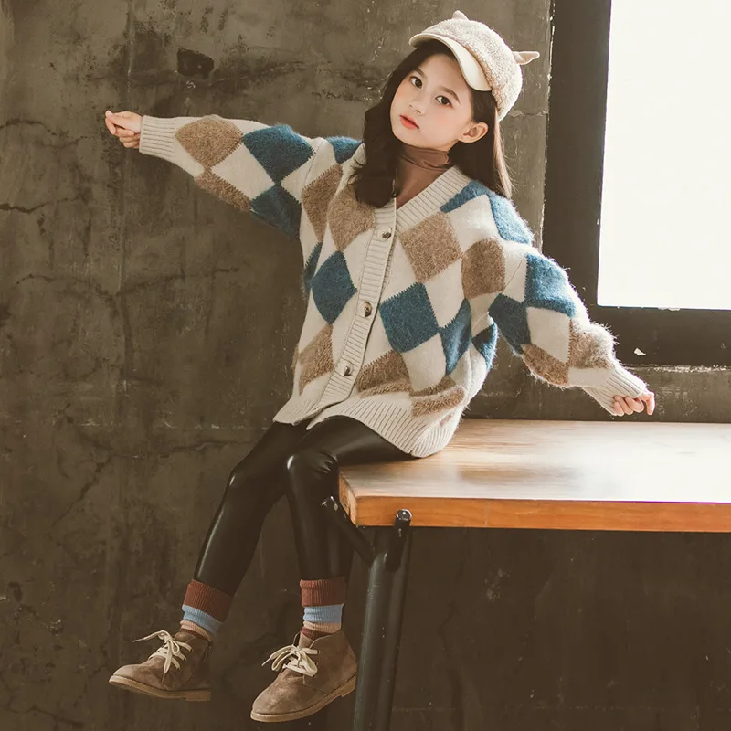 2022 autumn whiter Children Girls Sweaters New Korean Plaid Knitted Cardigan Kids European American Jacket 5 6 7 8 9 10 11 year