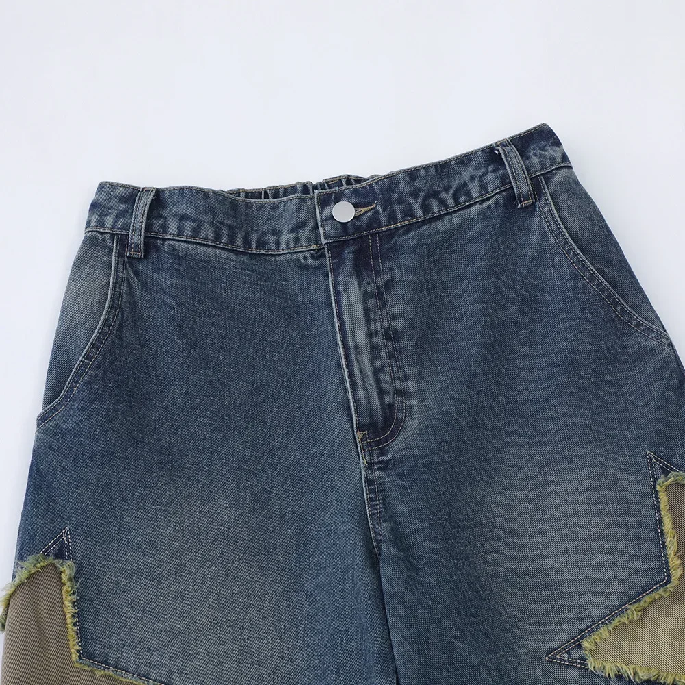 

Summer New Mens Jorts Baggy American Vintage Star Patch Design Denim Shorts Y2k Streetwear Men Casual Straight Blue Shorts Jeans