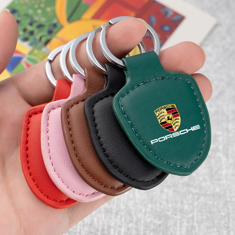 Leather Car Emblem Key Chain Ring Holder For Porsche 918 911 718 Taycan Panamera Cayenne Boxster Cayman Car Keychain Accessories