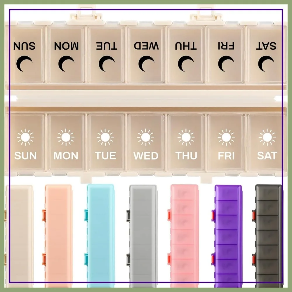 

Weekly Pill Organizer 2 Times a Day, 7 Day AM PM Travel Pill Case, Large Portable Medicine Box with Black & White Labels, Khaki