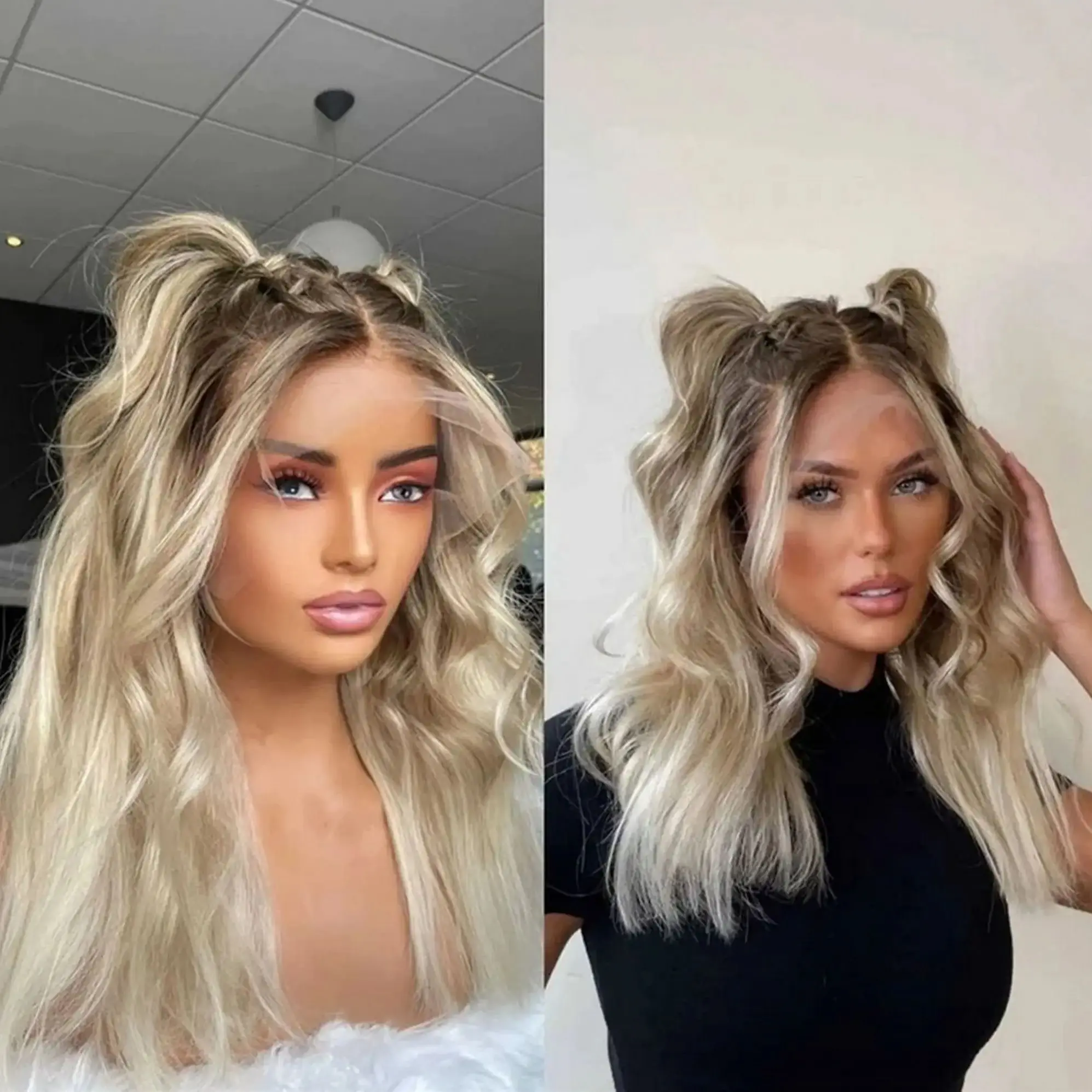 16 Inches Adjustable Ombre Ash White Blonde Synthetic Lace Top Wigs 13*4 HD Transparent Lace Wigs Soft Loose Wave Glueless Wigs