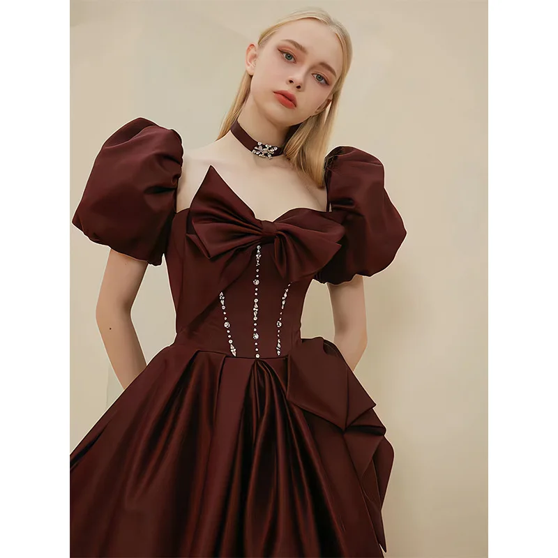 

Women Burgundy Square Neck Puff Sleeve Wedding Dresses 2022 Bride Satin Long A-line Formal Party Dress Toast Clothing