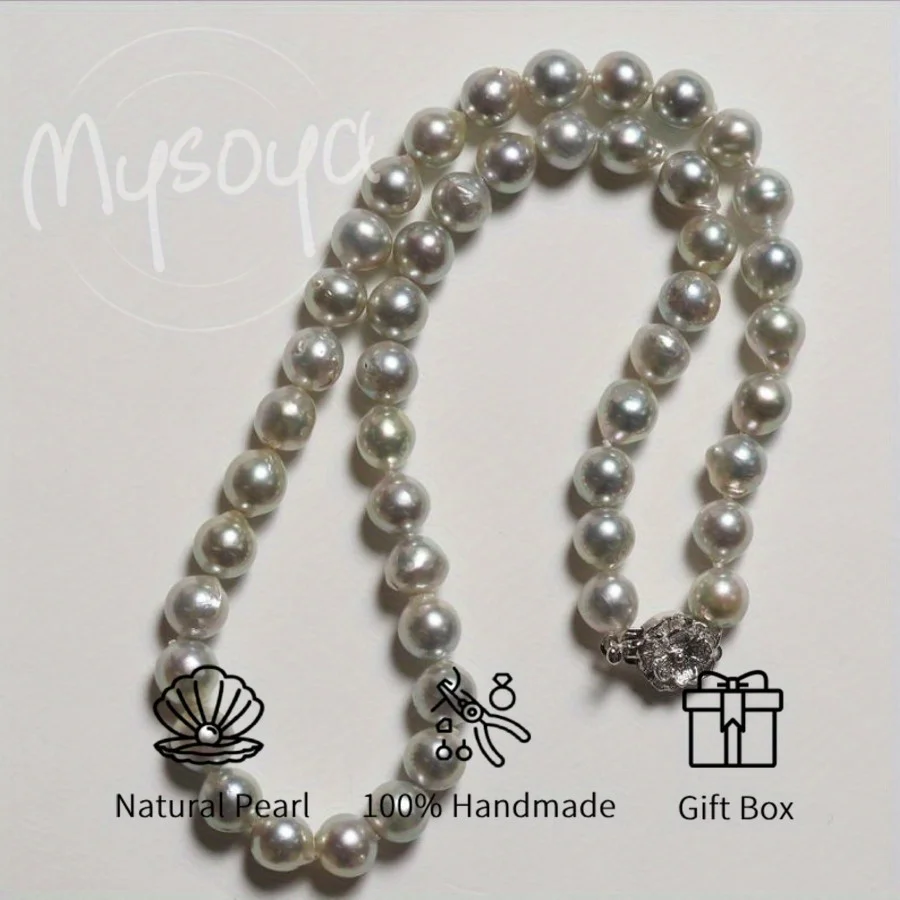

Mysoya Baroque Akoya Pearl Light Gray Blue Beaded Necklace Slightly Imperfect 7-7.5mm with Gift Box for Birthday Wedding