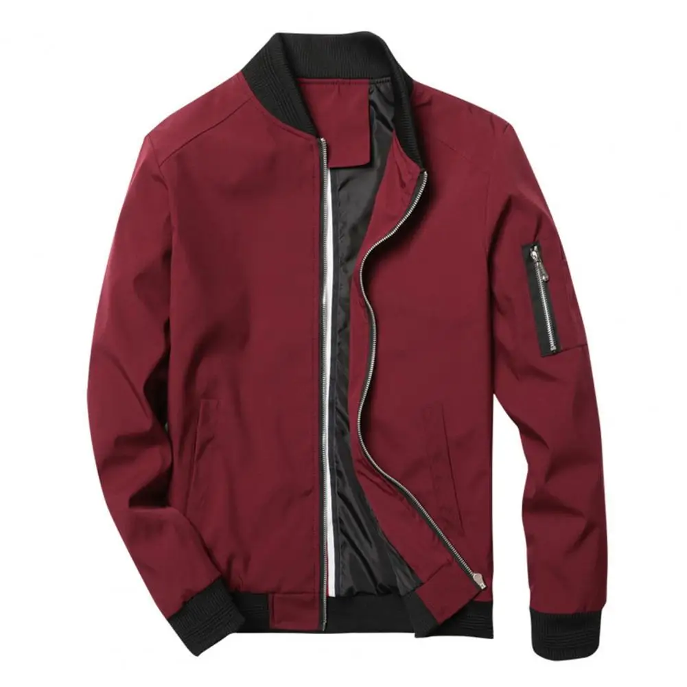 

Men Jacket Stand Collar Men Coat Smooth Thin Solid Color Men's Fall Jacket with Stand Collar Zip Up Closure Elastic Cuffs