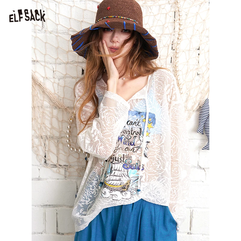 ELFSACK Lace Knit Sheer Long Sleeve Top, V-Neck Sailboat Print Blouse