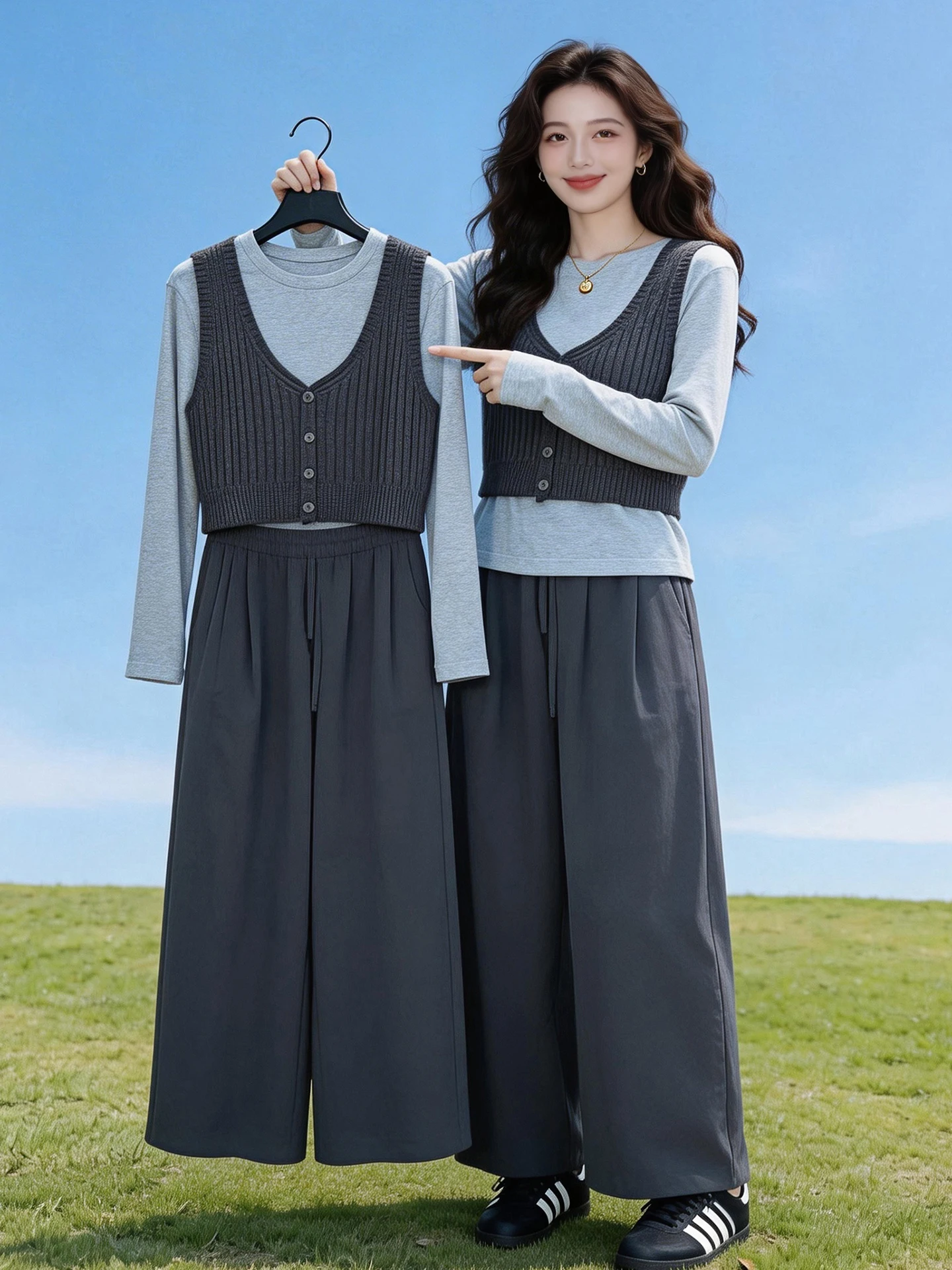 

Stunning Spring Autumn Women's Fashion Set High Waist Wide Leg Pants Vest Top Three Piece Set Elegant Commute Style Casual Wear