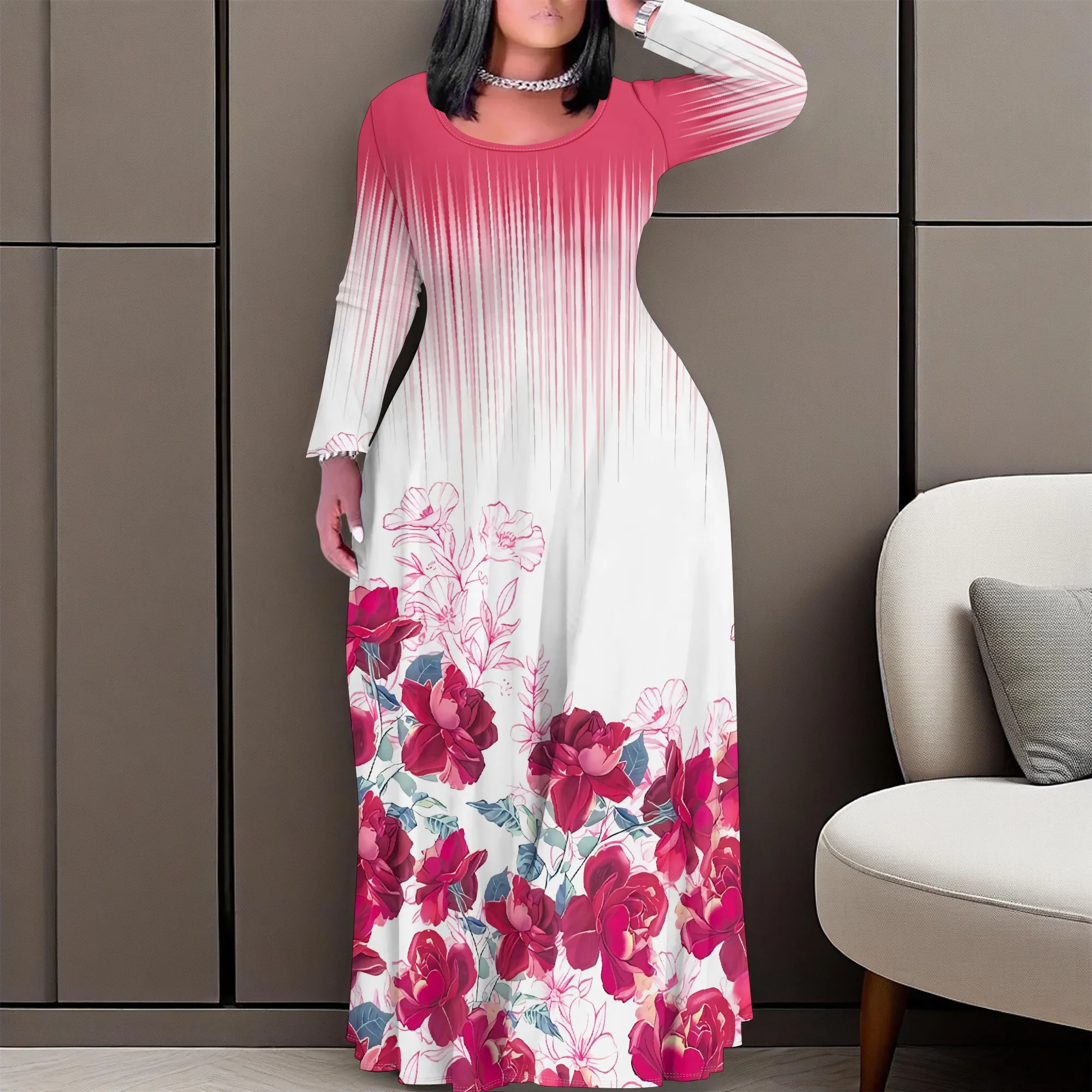 

Nupusa Gradient Floral Print Dress for Women Regular Size Summer Casual Long - Sleeve Maxi Dress