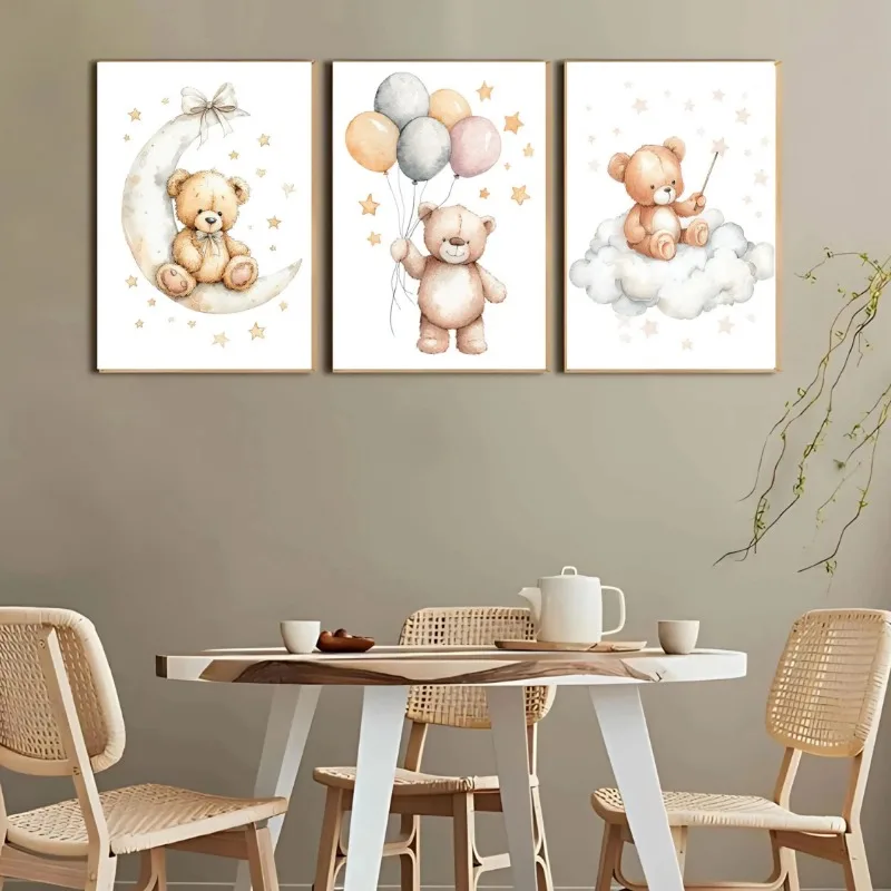 Cartoon Balloon Moon Teddy Bear Nursery Prints Neutral Color Kids Room Wall Art Baby Nursery Decor Modern Teddy Bear Wall Art