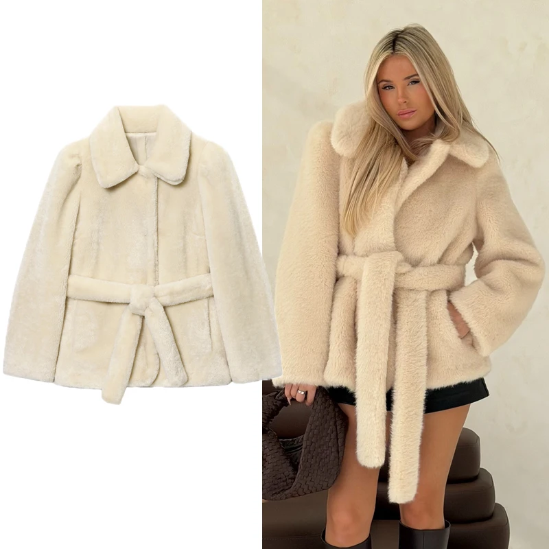 

Women's Faux Fur Coat 2025 Women Winter Midi Coats Streetwear Fashion Casual Artificial Fur Coat Female Beige Long Sleeve Tops