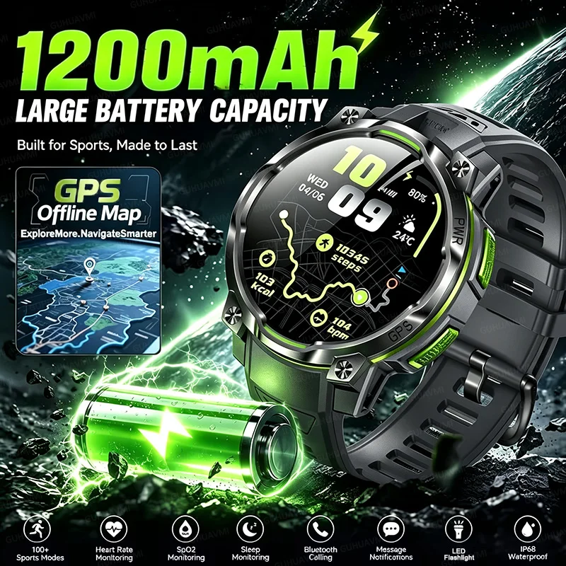 TANK Upgrade New 1200mAh Battery Smart Watch Offline Map IPX8 Waterproof Compass Altimeter Flashlight 1.46“ AMOLED HD Call Watch