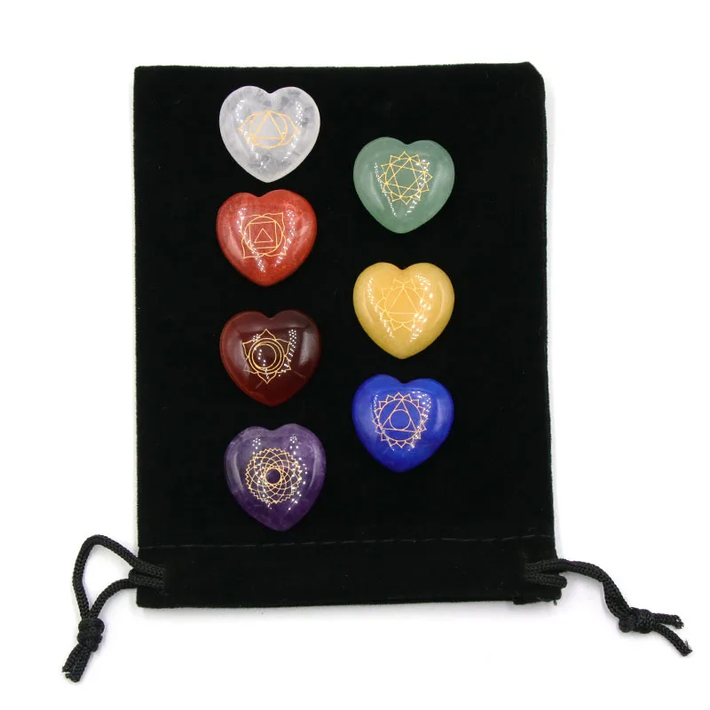 7 Chakra Heart Shape Stone Set Natural Gemstone Mindfulness Reiki Engraved Healing Crystal Amethyst Woman Yoga Meditation Tool