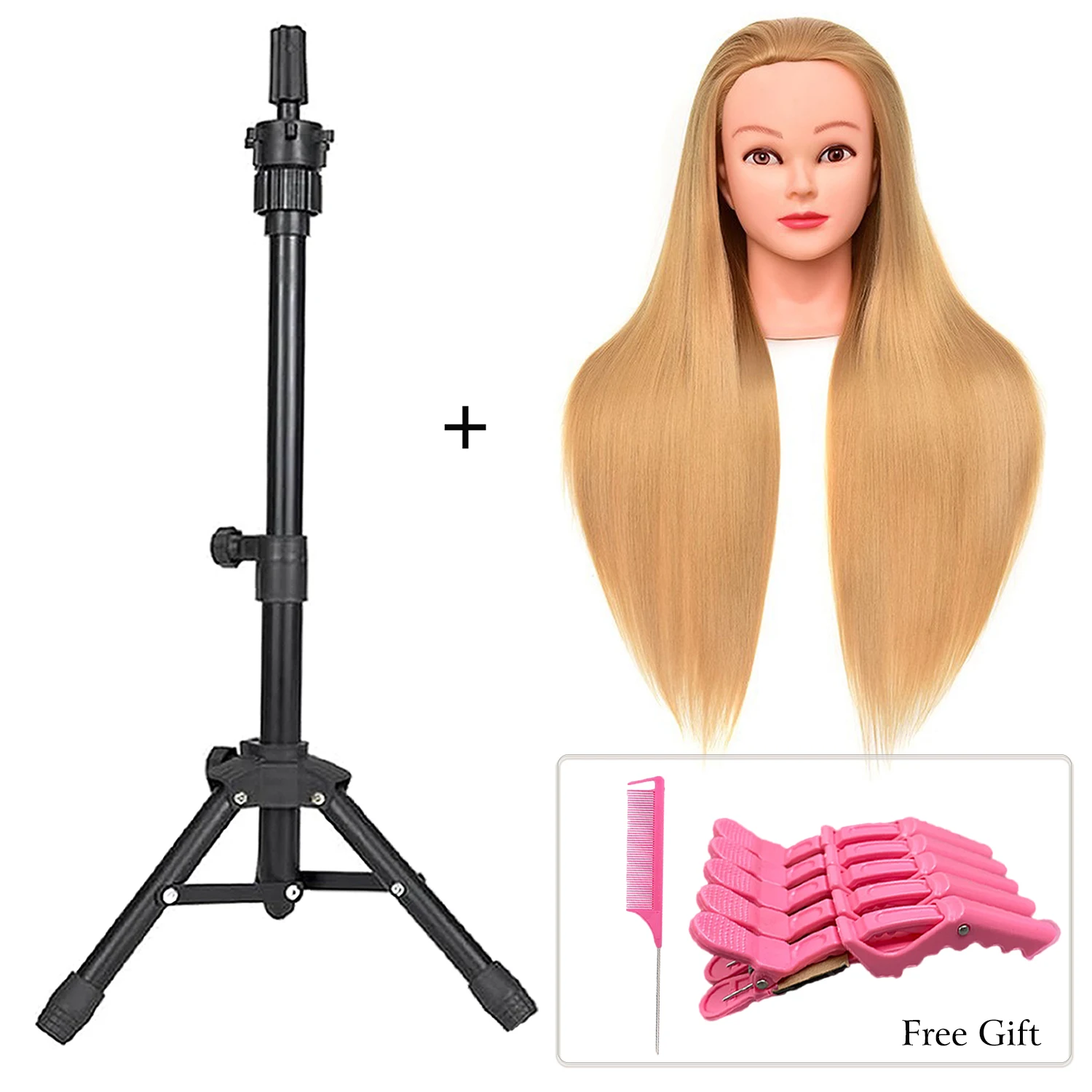 Cabeza de muñeca para entrenamiento de peinado del cabello con soporte de trípode, cabeza de Maniquí de cosmetología trenzada de cabello con soporte de cabeza de maniquí