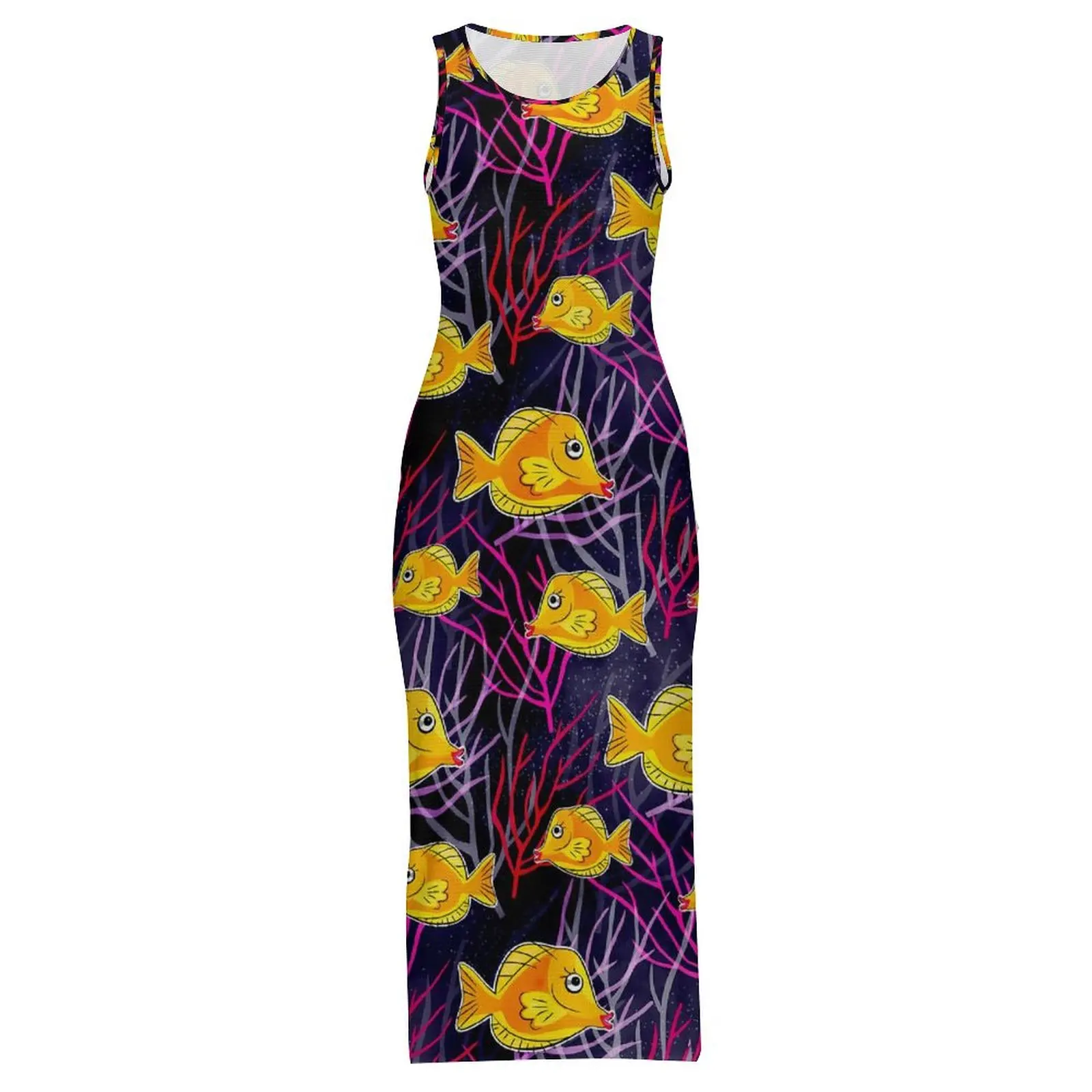 Women Bodycon Dress Vintage Sea Fish in The Ocean Maxi Dresses Spring Yellow Tang Sleeveless Streetwear Graphic Dress 3XL 4XL
