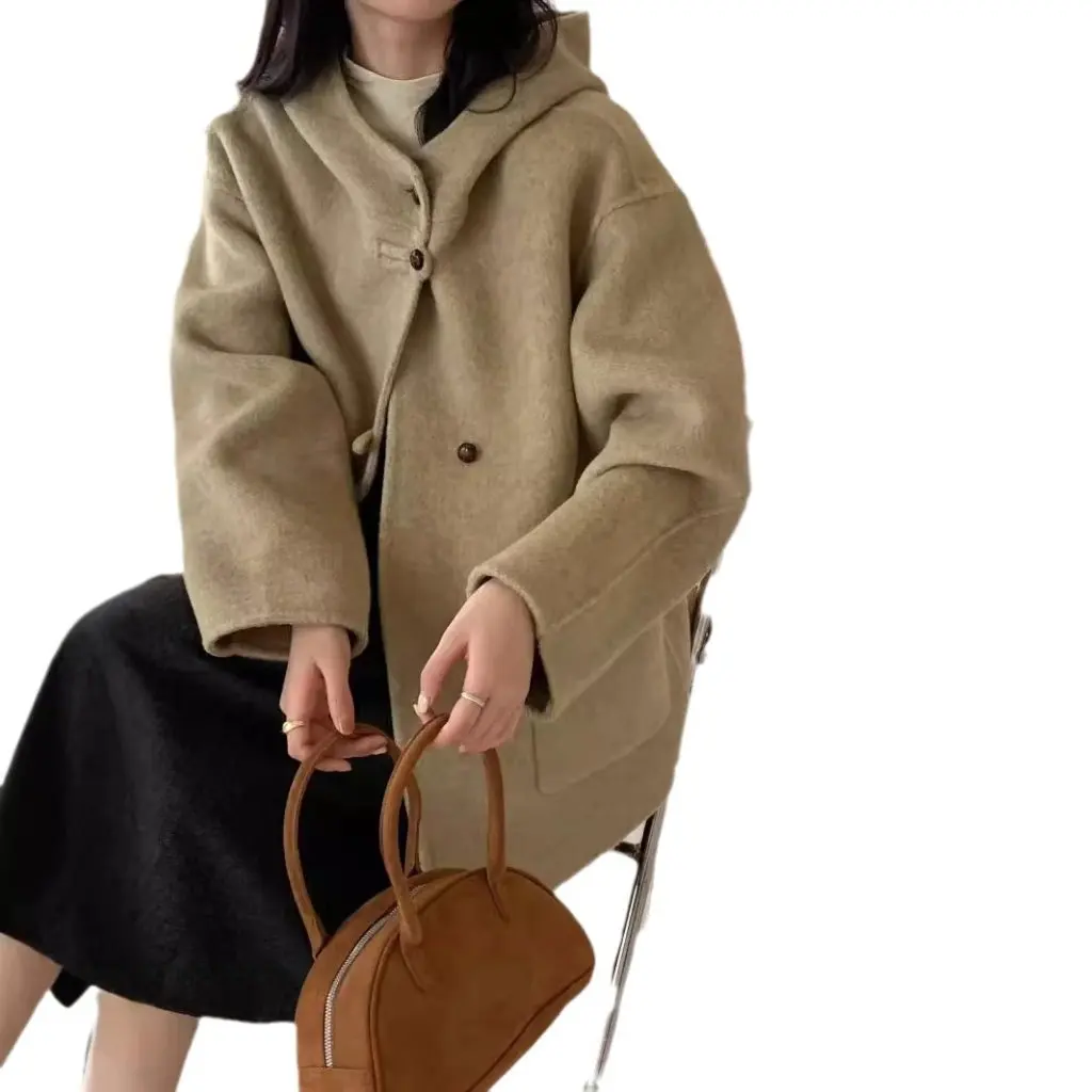

New Style Women's Hooded Double-Sided Woolen Jacket Loose-Fitting Preppy Style Petite Versatile Coat for All Seasons