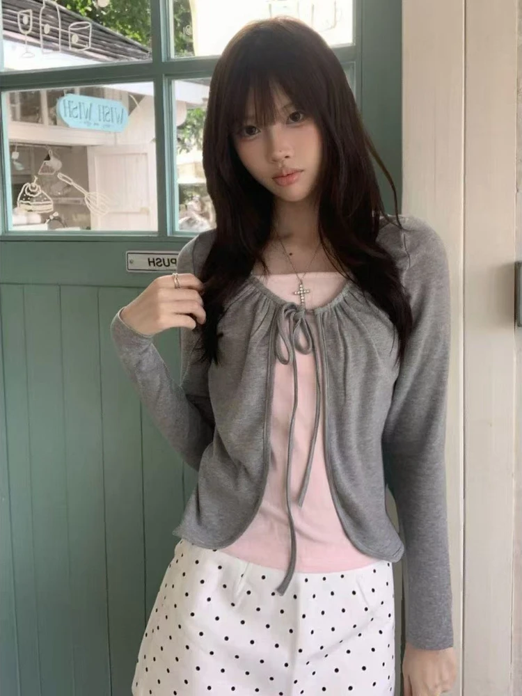 American Style Women Slim Fit Patchwork Fake Two Piece Long Sleeve T Shirt 2026 New Korean Fashion Casual Hot Girl Chic Tee Top