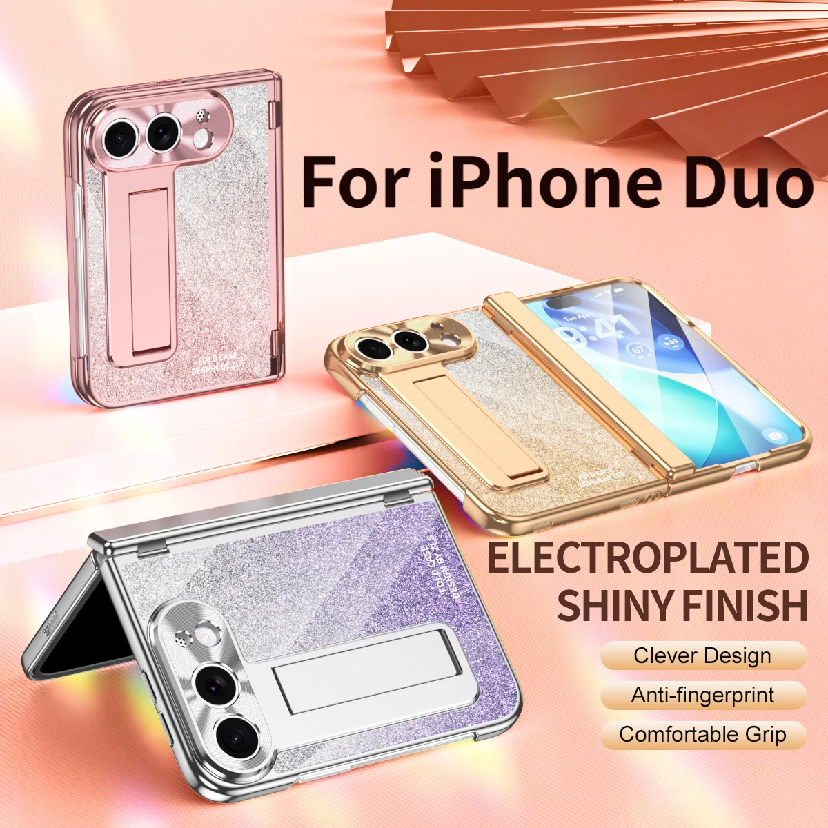 Crystal Glitter Anti-Drop Case for iPhone Duo with Leveling Hinges Duo Camera Protector Support Cover
