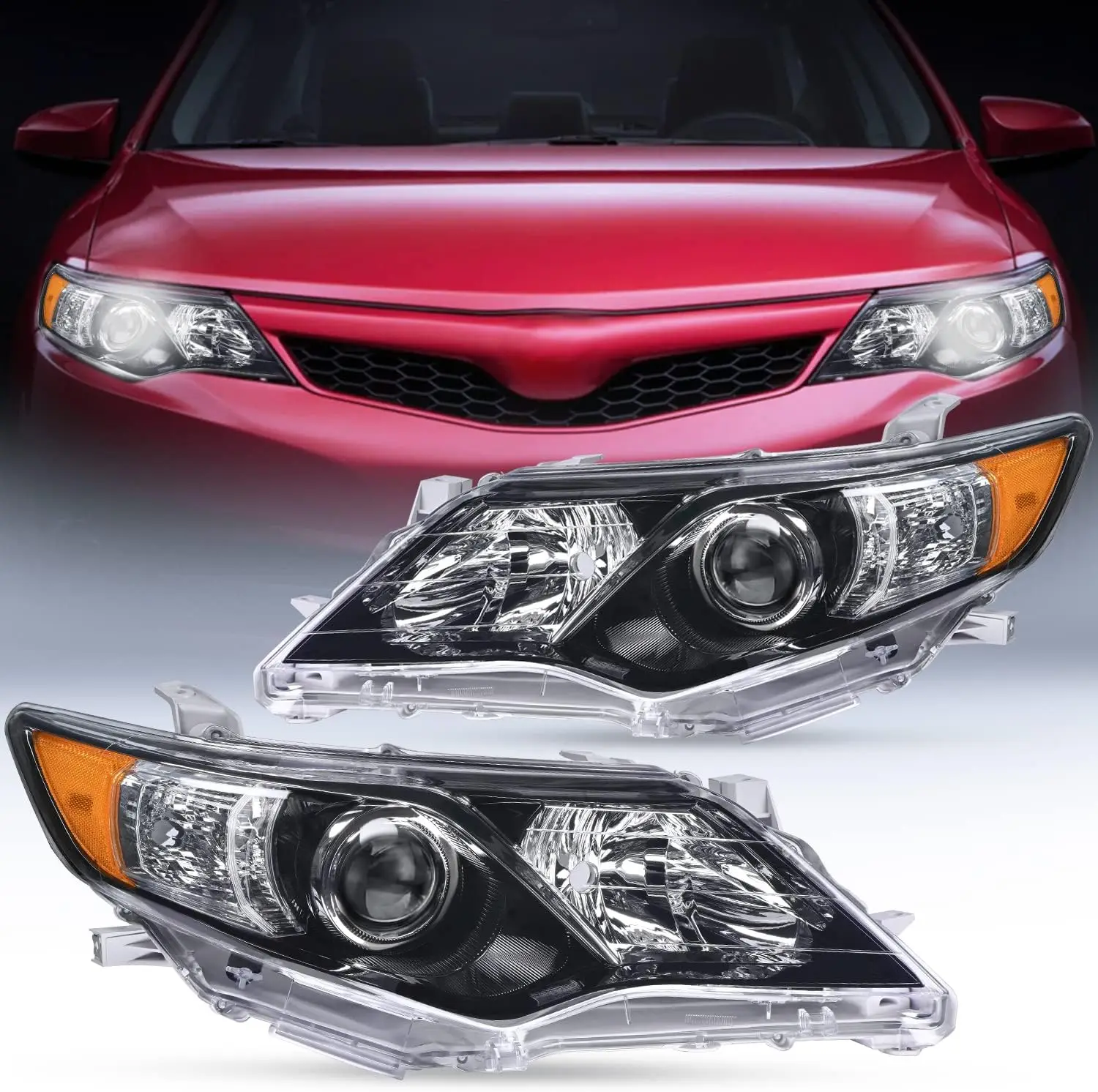 

Headlight Assembly for 2012 2013 2014 Toyota Camry L/LE/XLE/Hybrid LE XLE Headlamps Replacement Black Housing Amber Reflector Dr