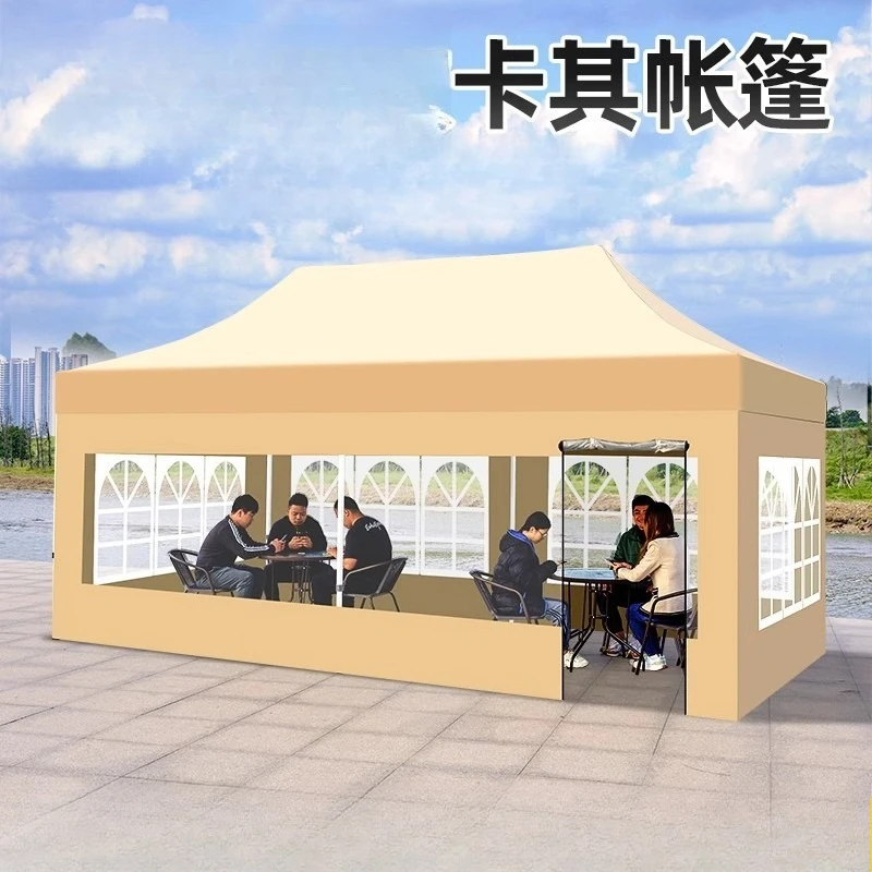 Awning stall with four-legged folding tent surrounded by large sun umbrella retractable black diamond stall canopy canopy
