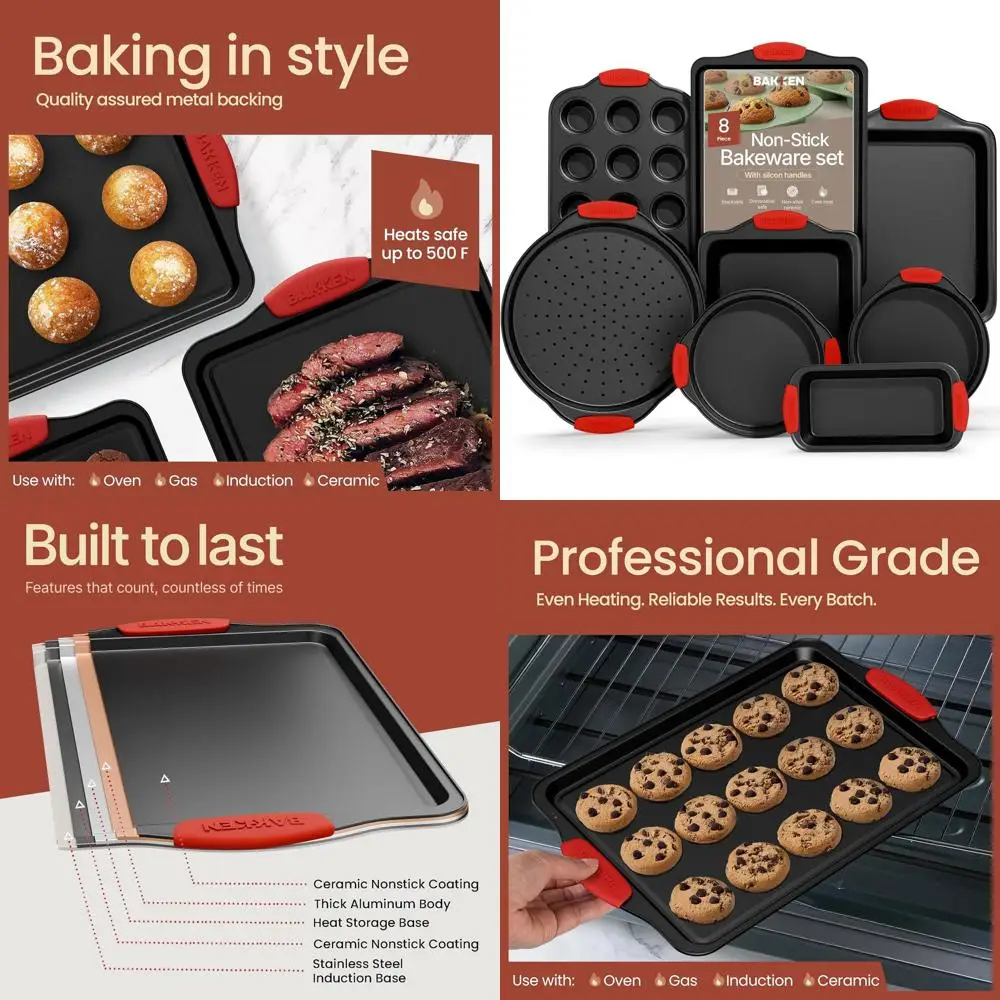 

8-Piece Non-Stick Bakeware Set with Red Silicone Handles, PFOA and PTFE Free