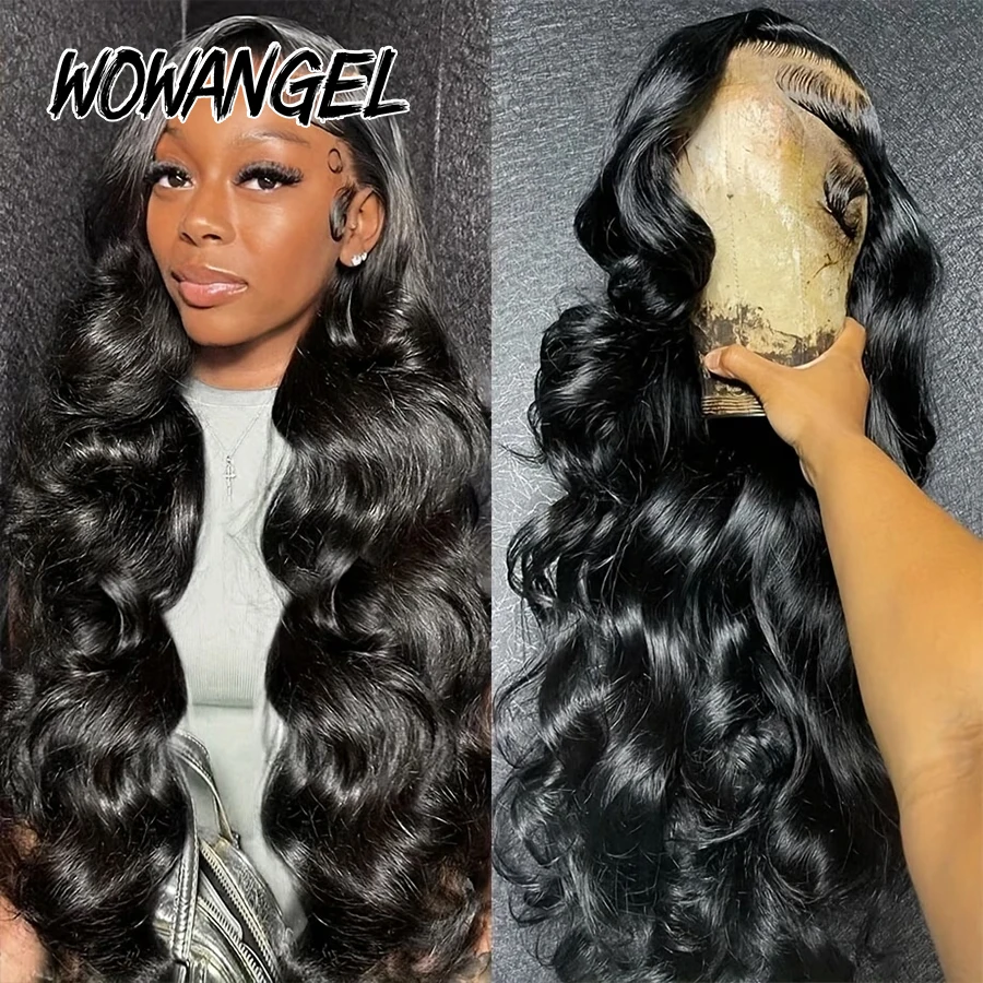 WOWANGEL Jet Black Body Wave Lace Front Human Hair Wig 250% Brazilian Virgin 13x6 HD Lace Full Frontal Wig Pre Plucked For Women view 2