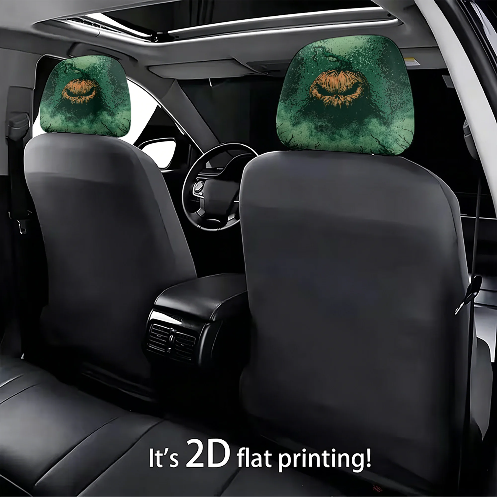 2pcs horror pumpkin-patterned car headrest covers to add a touch of eerie atmosphere to your car interior. Filling not included.