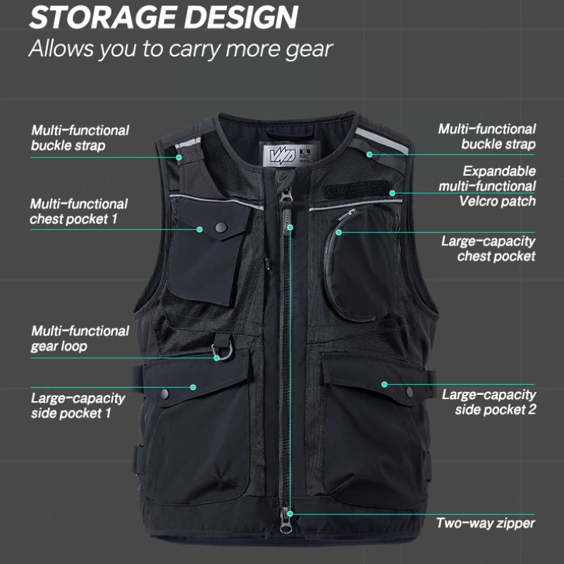 

2025 New Summer Men's Motorcycle Retro Casual Vest Solid Color Multi-pocket Mesh Patchwork Breathable Sleeveless Vest Top