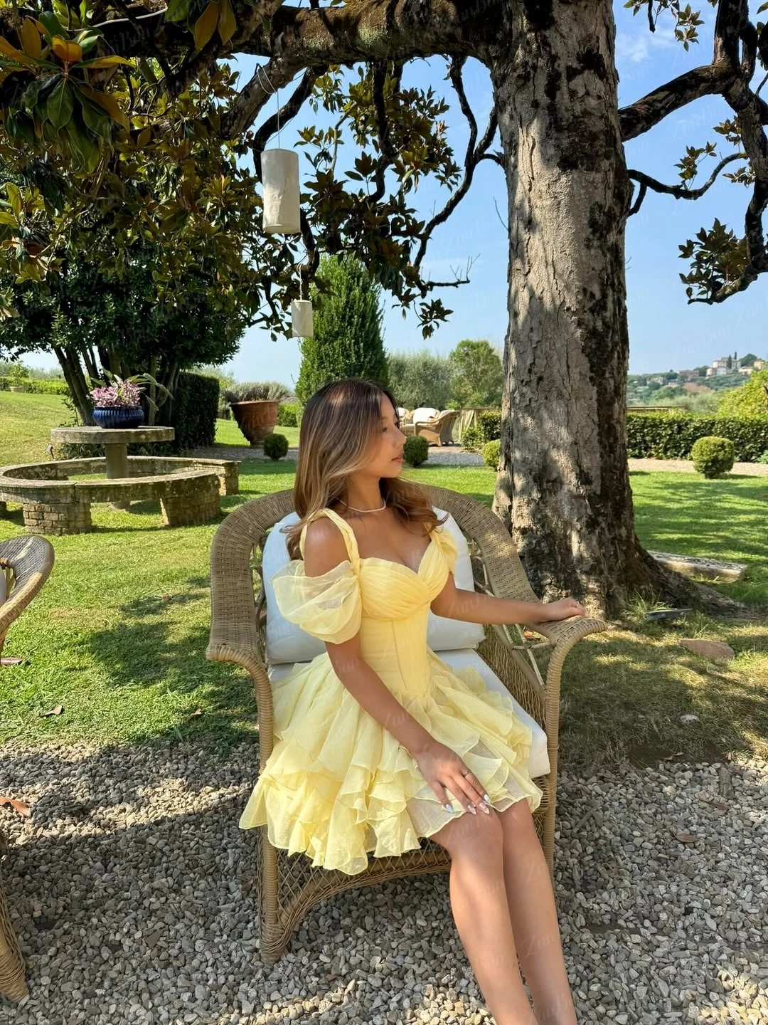 ZanBan 2026 Organza Modern Yellow Puffy Short Prom Cocktail Dress Ruffles Muti-layer Mini Wedding Birthday Party Gown Customized