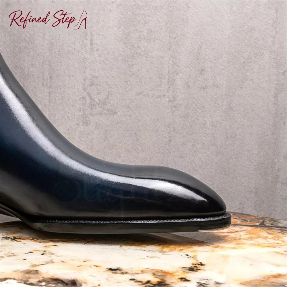 Almond Toe Chelsea Booties Formal Occasions Haute Couture Ankle Boots Genuine Leather Hand-Polished Stitched Slip-On Men's Boots