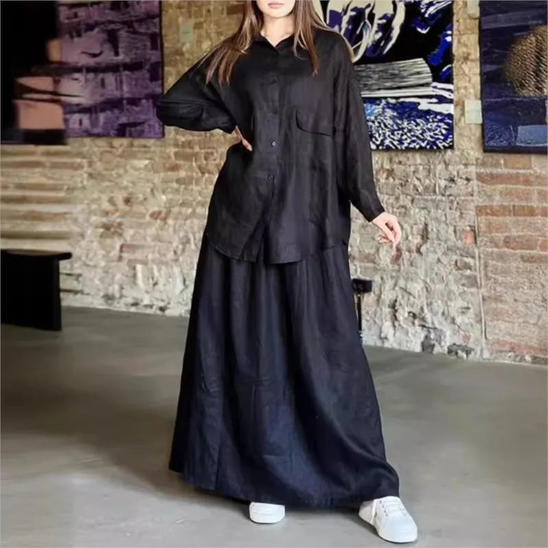 

Women's 2-Piece Set Vintage Plus Size Turn-Down Collar Single Breasted Long Sleeve Shirt+ Loose Maxi Skirt New Autumn Casual