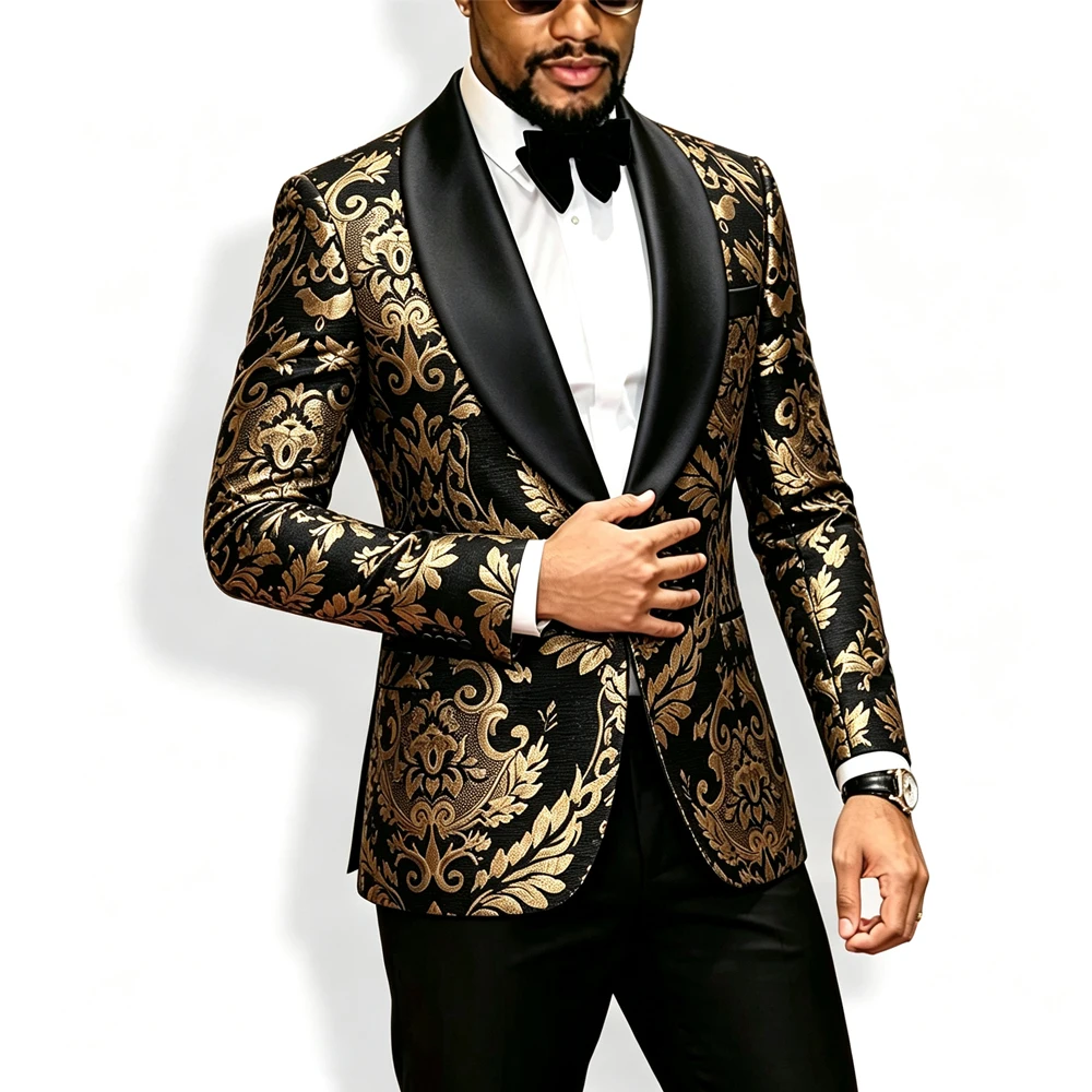 2026 New Men Black Gold Paisley Jacquard Suit Jacket Shawl Lapel Slim Fit Tuxedo Blazer For Wedding Groom Prom Dinner Party Terno Masculino