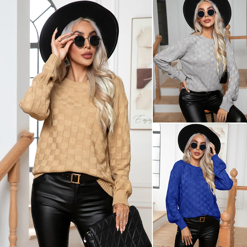 

Design casual three-dimensional plaid sweater women's loose autumn and winter long-sleeved European and American sweaters new