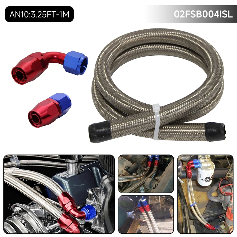 

1M 3FT AN10 Stainess Nylon Steel Braided Oil Fuel Line + 90 Deg & 0 Deg Swivel Fittings