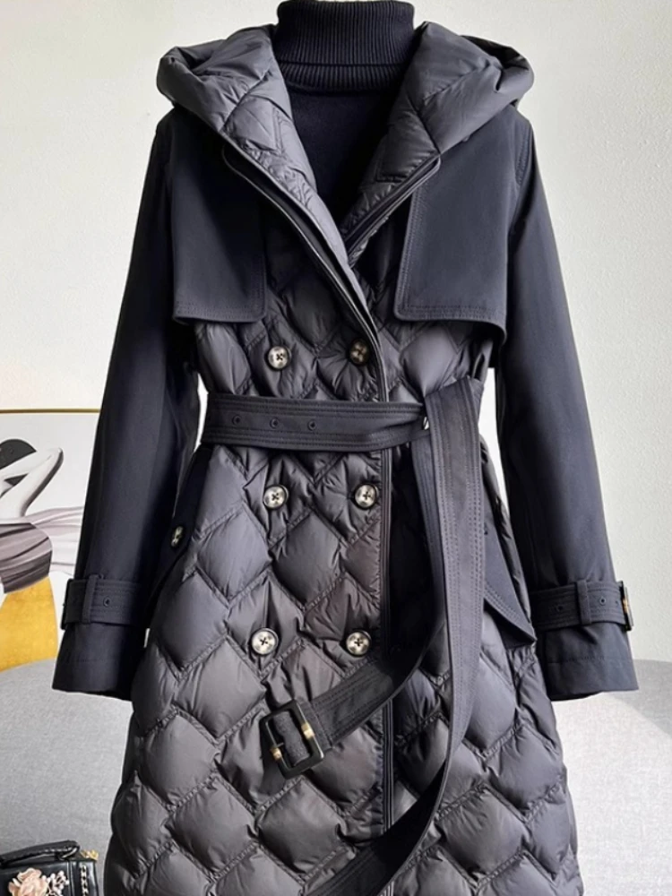 المرأة طويلة شتاء دافئ الطبيعية أوزة ريشة أسفل سترة فاخرة معطف فضفاض مقنعين ملابس خارجية الشارع الشهير موضة جديدة #4