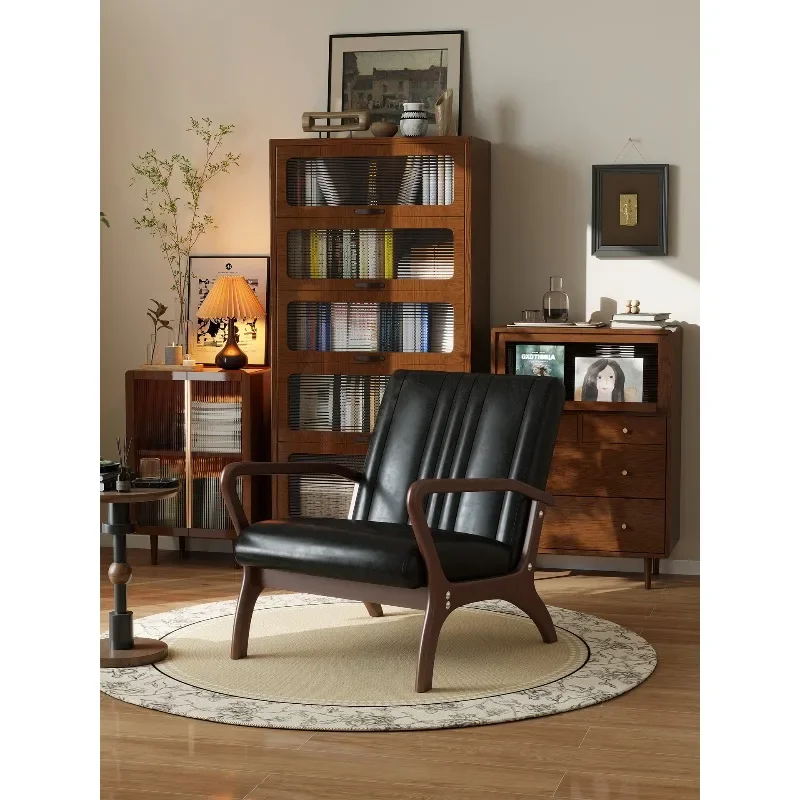 

Retro solid wood single sofa chair living room oil wax leather leisure chair single chair light luxury small study