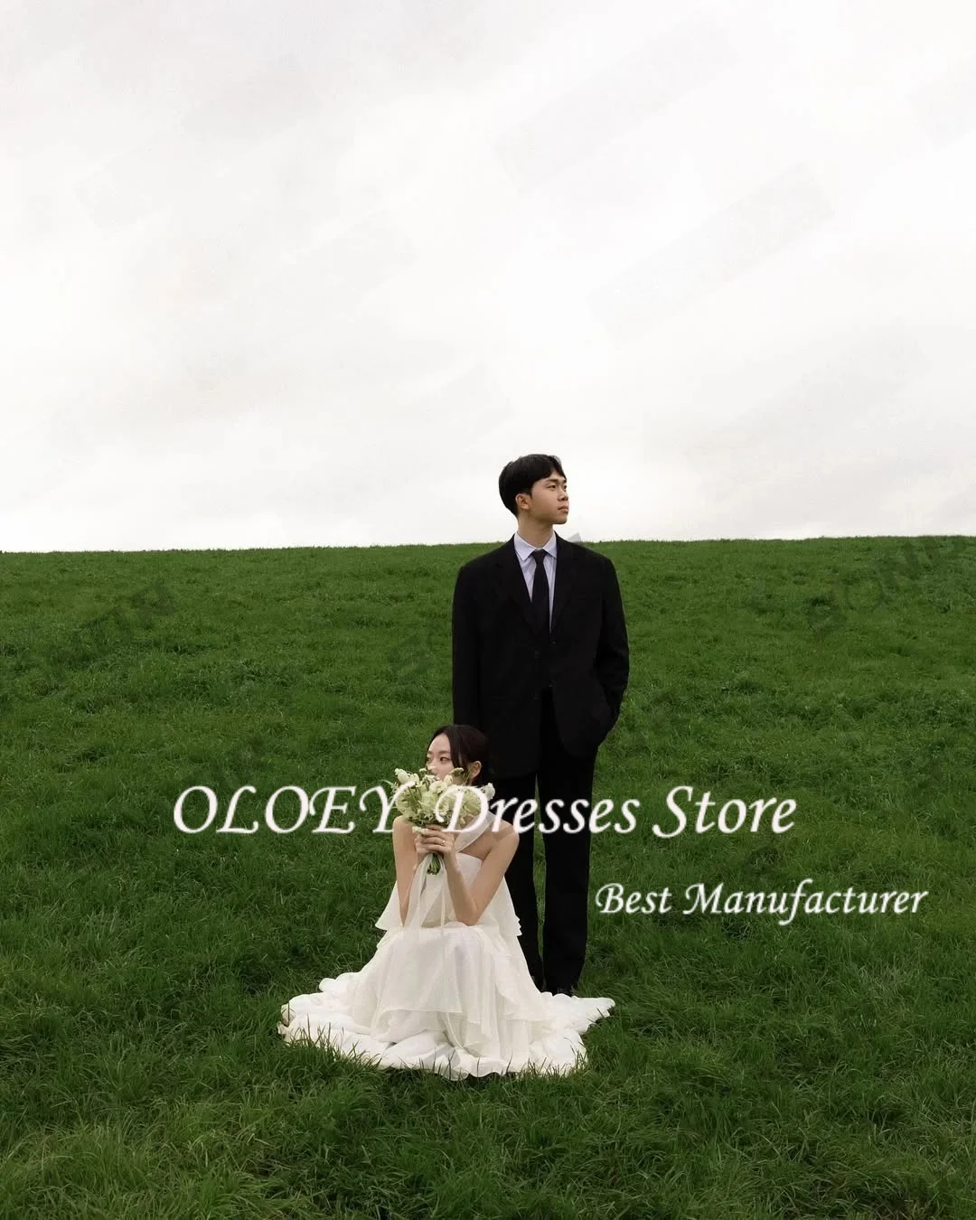 OLOEY Halter Tiered Chiffon A Line Fairy Outdoor Wedding Dresses Korean Style Customized Wedding Snap Dresses Party Gown