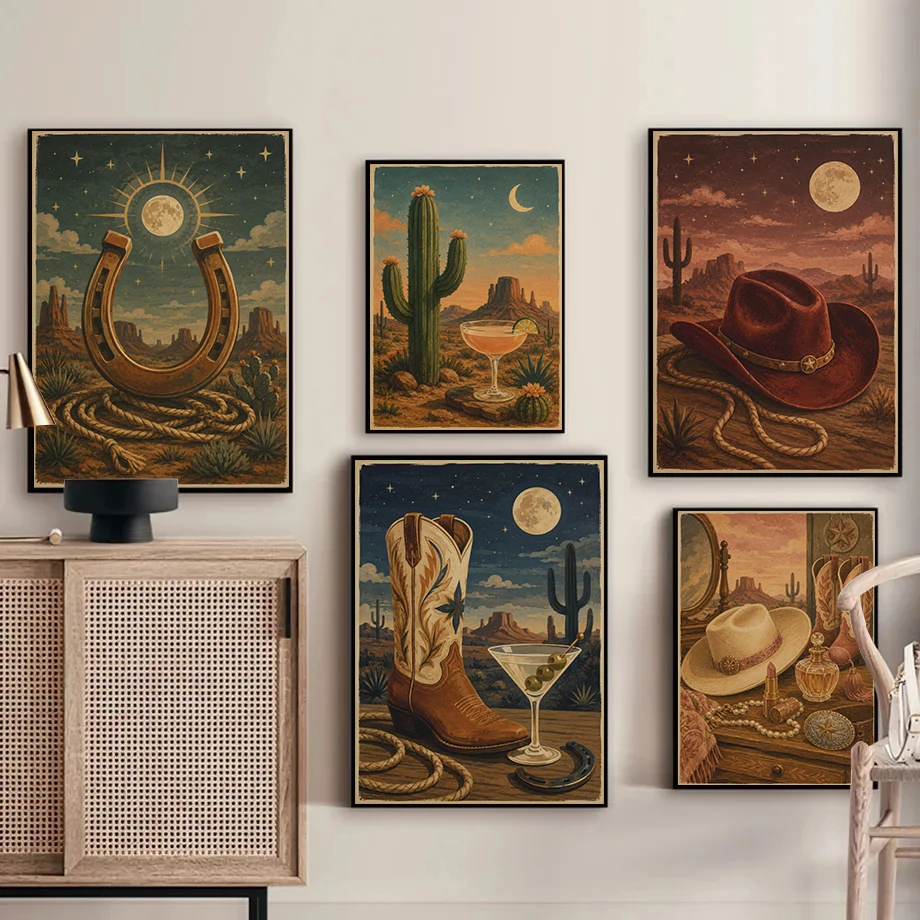 Vintage Cactus Bar Dresser Cowboy Boot Martini Poster Desert Night Modern Prints Canvas Painting Wall Pictures Home Room Decor