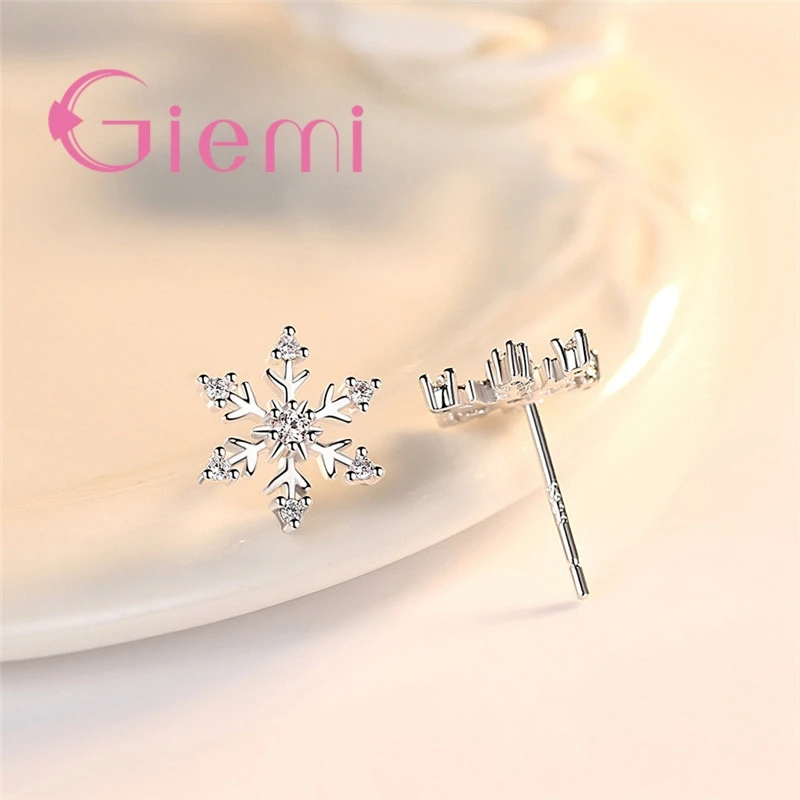 Lovely Christmas Gifts for Women Real 925 Stamped Snowflake Stud Earrings Micro Paved Crystals Sterling-Silver Jewelry
