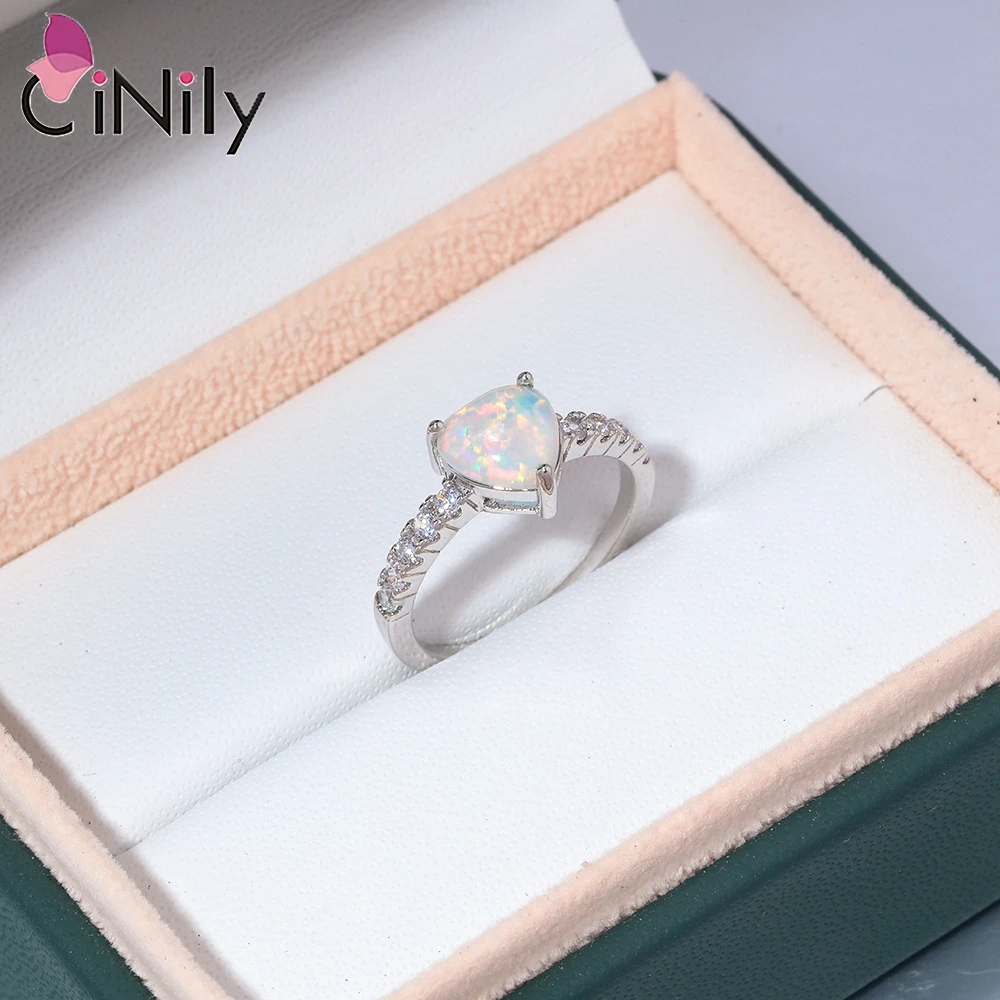 CiNily Created White Fire Opal Rings with Cubic Zirconia Silver Plated Heart Shape Ring Cute Jewelry for Women Love Gift Size6-8 view 3