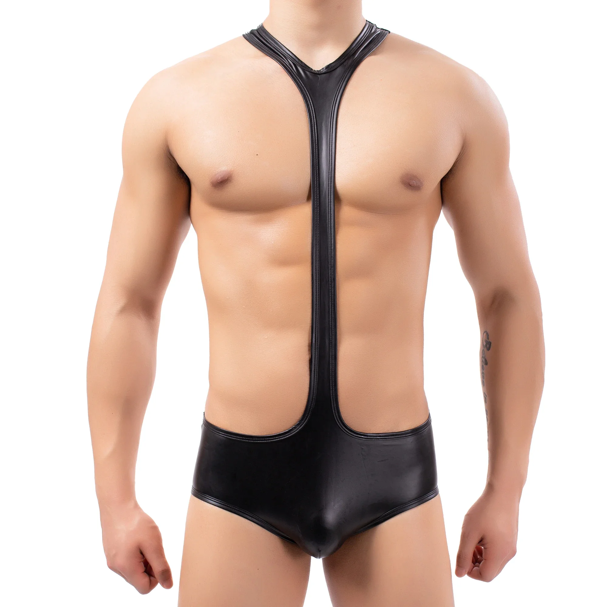 Intimo da uomo Sexy body in pelle PU body monopezzo Clubwear canottiera da Wrestling slip senza schienale Gay tute per pene